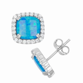 Sterling Silver CZ Center Blue Inlay Opal Earrings