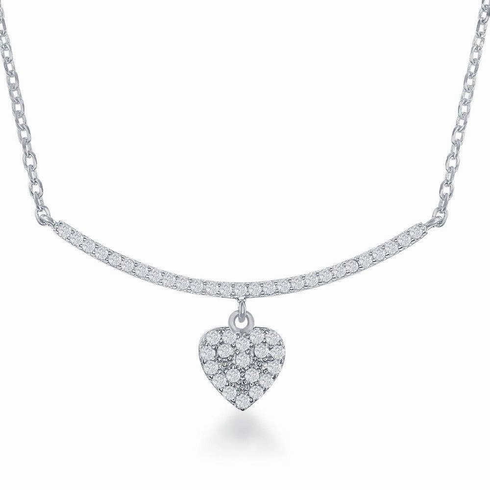 Sterling Silver CZ Curved Bar with Dangling Heart Necklace