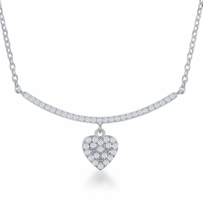 Sterling Silver CZ Curved Bar with Dangling Heart Necklace