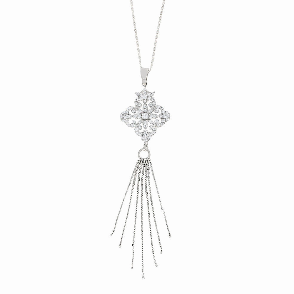 Sterling Silver CZ Fancy Tassel Pendant and Chain