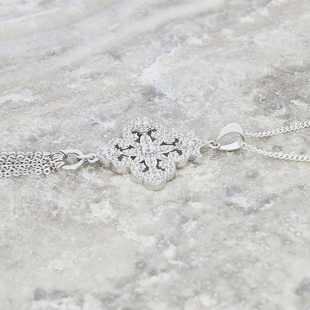 Sterling Silver CZ Fancy Tassel Pendant and Chain