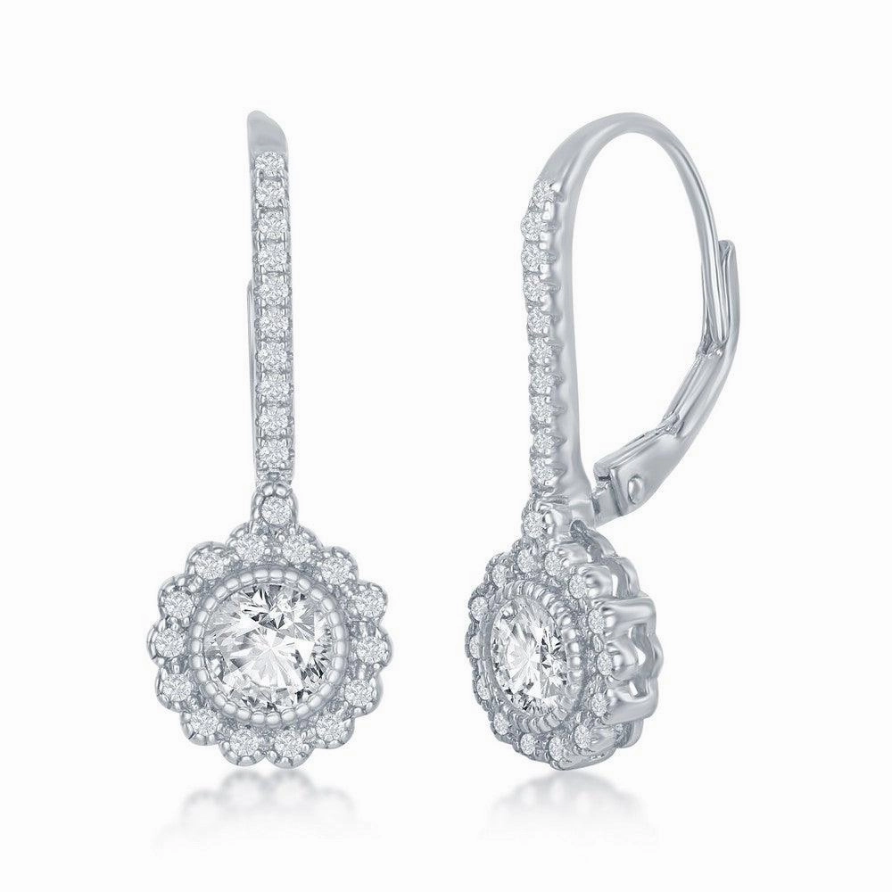 Sterling Silver CZ Flower Design Dangling Earrings