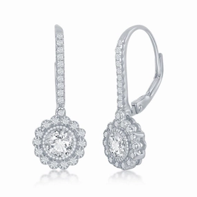Sterling Silver CZ Flower Design Dangling Earrings