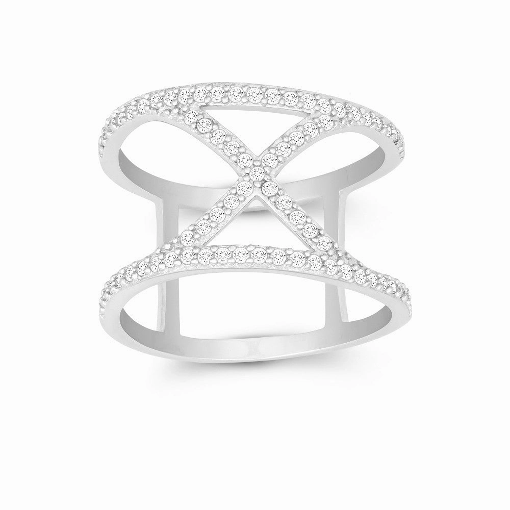 Sterling Silver CZ "X" Double Wire Wide Ring - W-9920