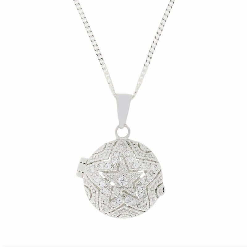 Sterling Silver CZ Star Pattern Ladies Locket and Chain R8665/C