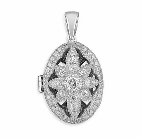 Sterling Silver CZ Vintage Flower Design Locket and Chain