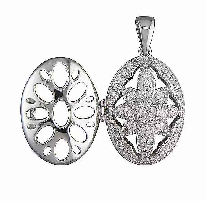 Sterling Silver CZ Vintage Flower Design Locket and Chain