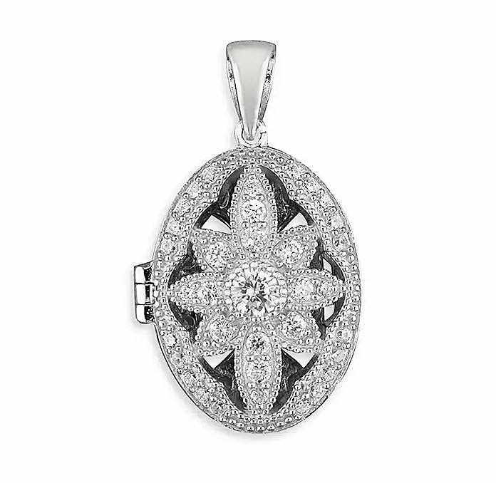 Sterling Silver CZ Vintage Flower Design Locket and Chain