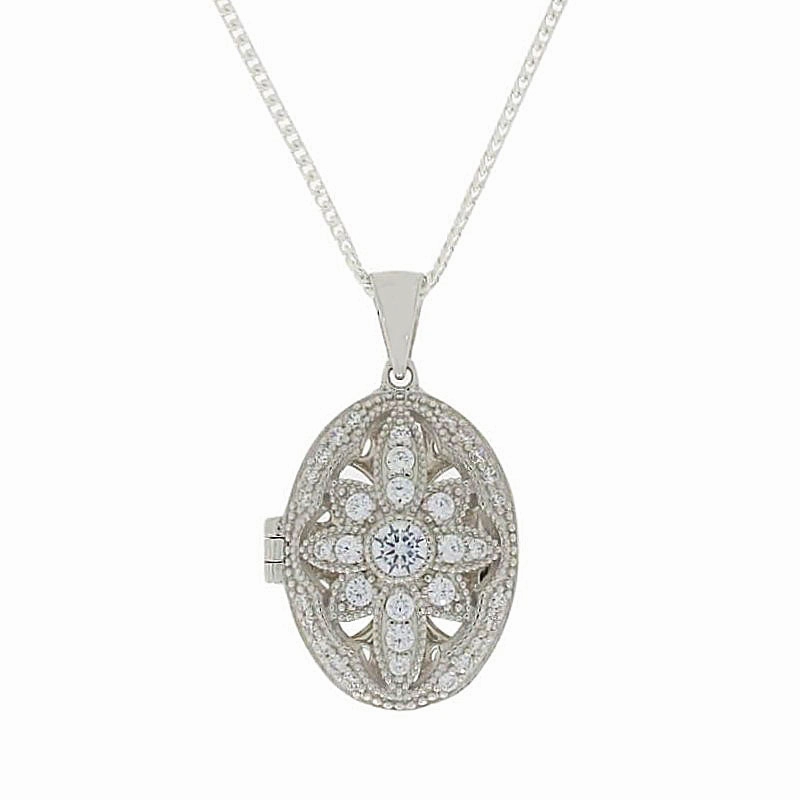 Sterling Silver CZ Vintage Flower Design Locket and Chain