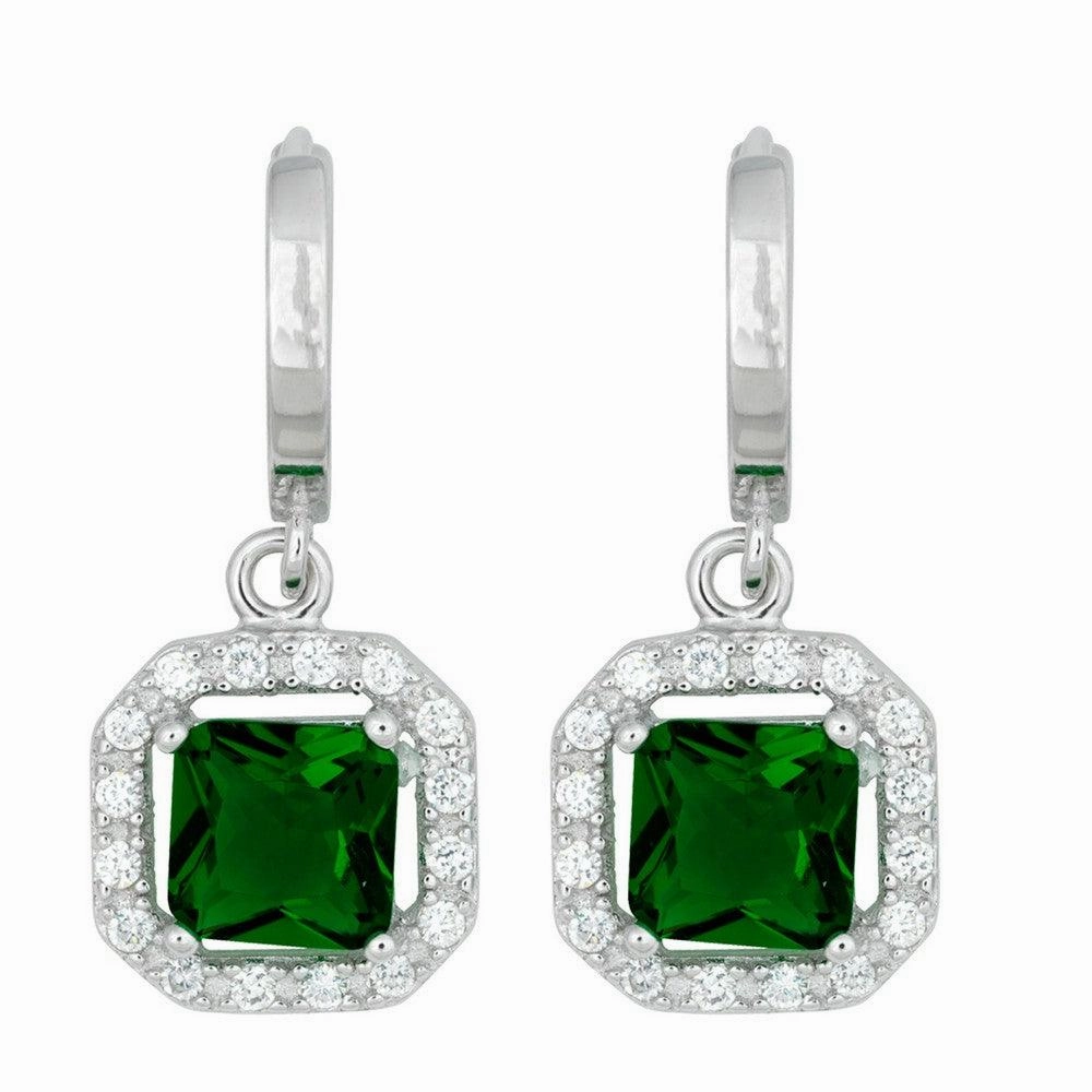 Sterling Silver Dangling Green CZ Pave Earrings