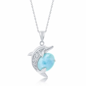 Sterling Silver Designed Dolphin Larimar Pendant