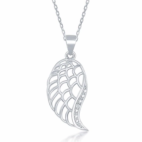 Sterling Silver Diamond Accent Angel Wing Pendant With  Chain