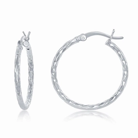 Sterling Silver Diamond Cut Hoop Earrings, 25 mm