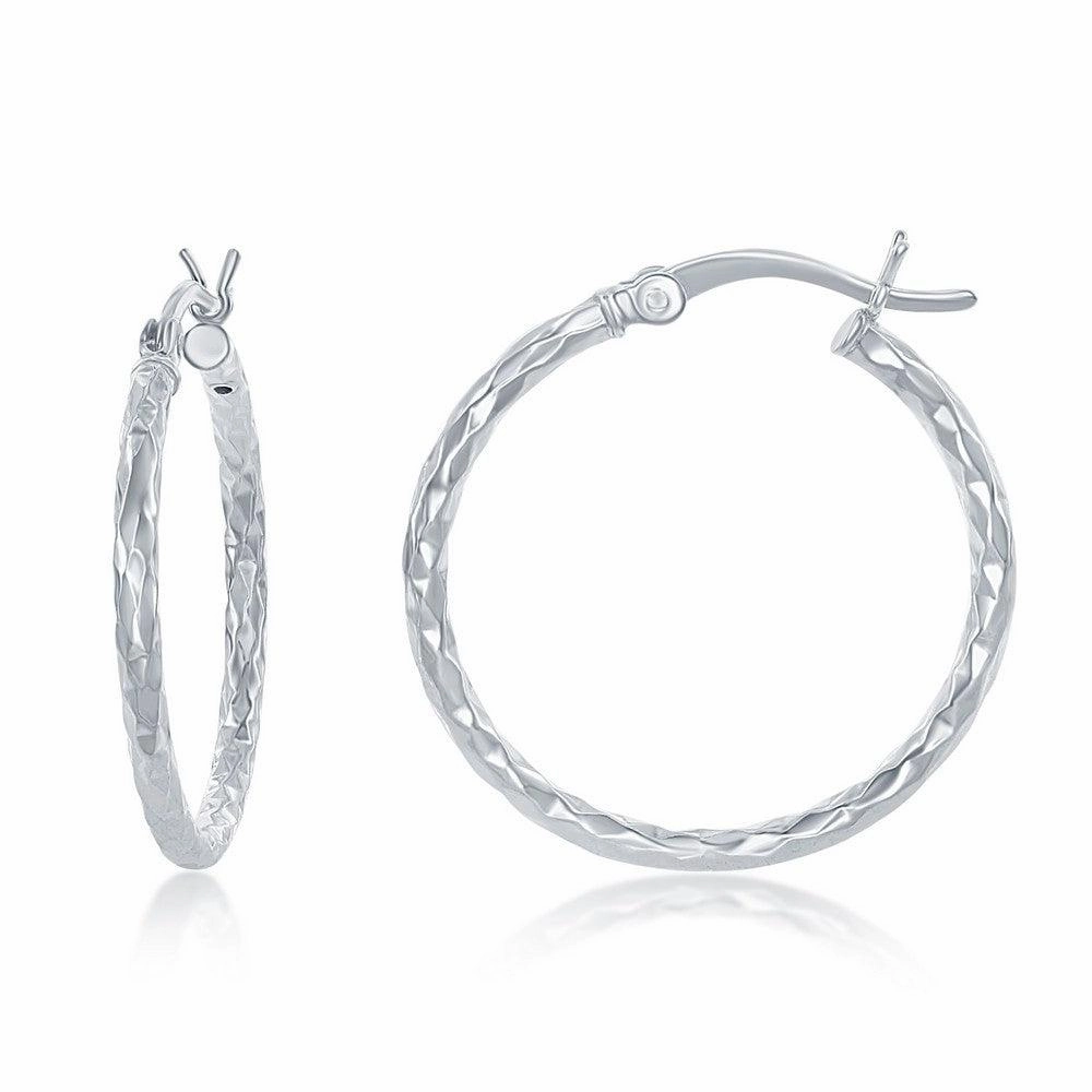 Sterling Silver Diamond Cut Hoop Earrings, 25 mm