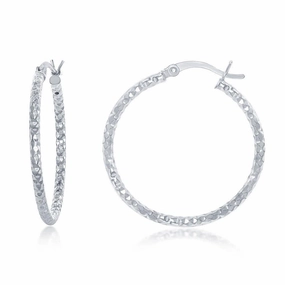 Sterling Silver Diamond Cut Hoop Earrings, 30 mm
