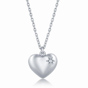 Sterling Silver Diamond Puffed Heart Necklace