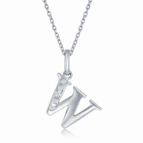 Sterling Silver Diamond "W" Initial Pendant Chain