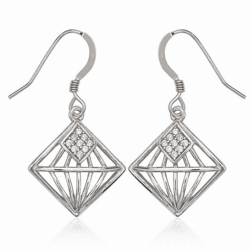 Sterling Silver Diamond Shape CZ Center Earrings