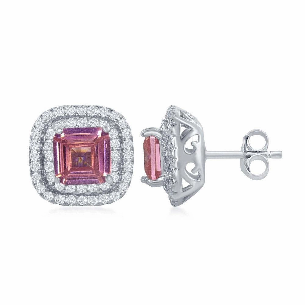 Sterling Silver Double Border Pink CZ Stud Earrings
