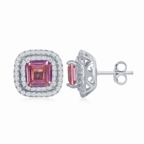 Sterling Silver Double Border Pink CZ Stud Earrings