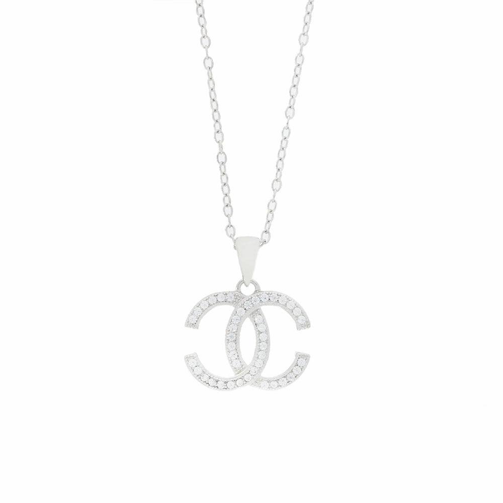 Sterling Silver Double C Cubic Zirconia Pendant and Chain GVL047