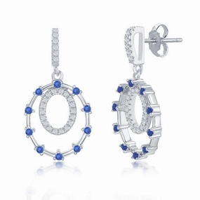 Sterling Silver Double Circle and Blue CZ Earrings