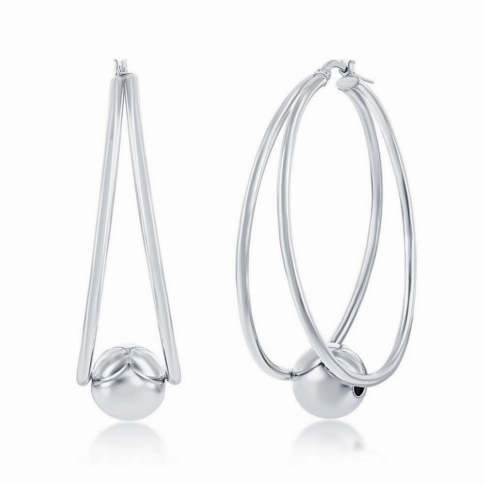 Sterling Silver Double Oval with 12mm Bead Earrings