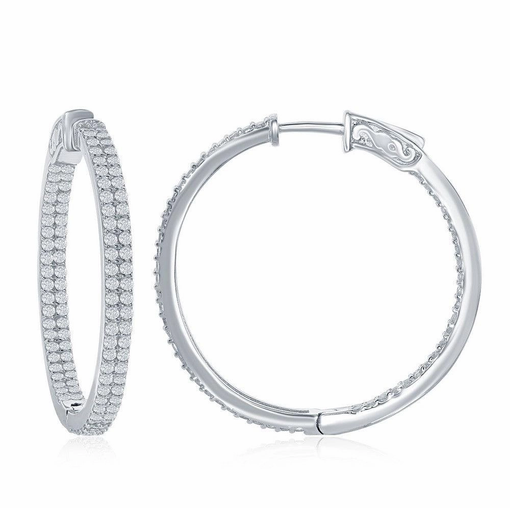Sterling Silver Double Row CZ Hoop Earrings, 3 x 35 mm