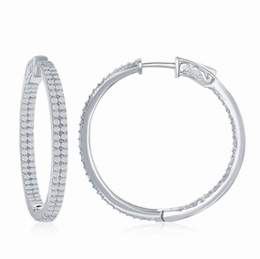 Sterling Silver Double Row CZ Hoop Earrings, 3 x 35 mm