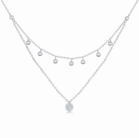Sterling Silver Double Strand CZ with Micro Pave Disc Necklace
