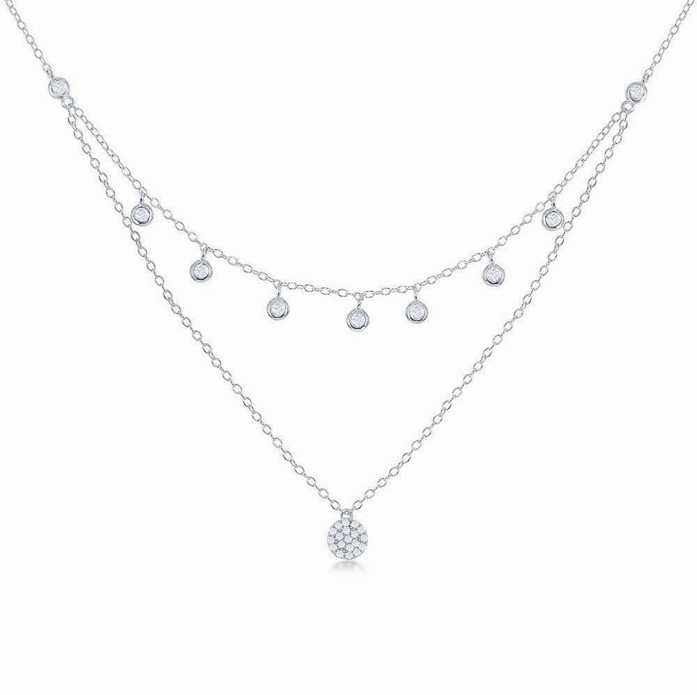 Sterling Silver Double Strand CZ with Micro Pave Disc Necklace