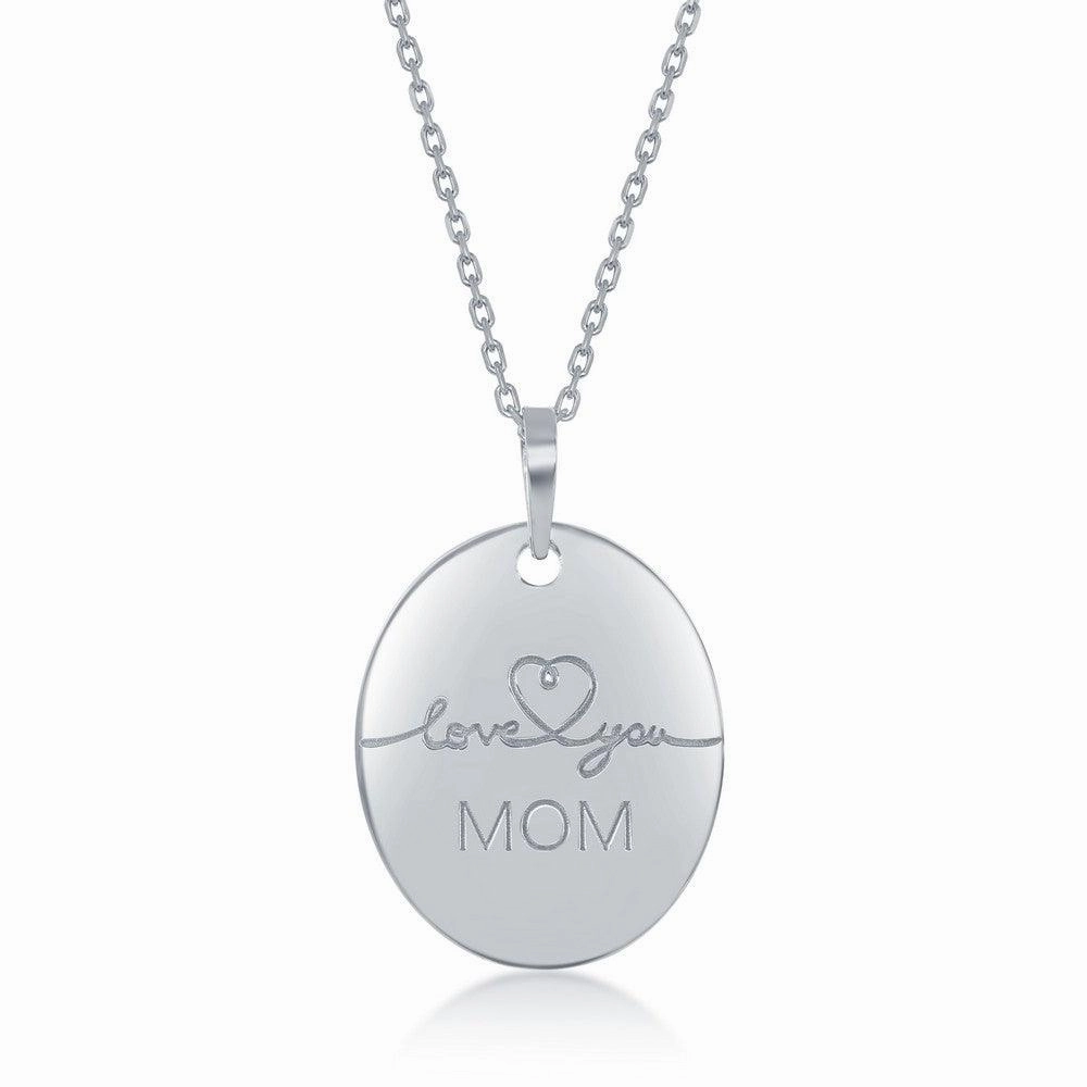 Sterling Silver Engraved  Love You Mom Oval Necklace