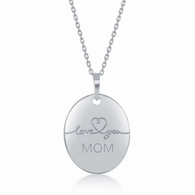 Sterling Silver Engraved  Love You Mom Oval Necklace