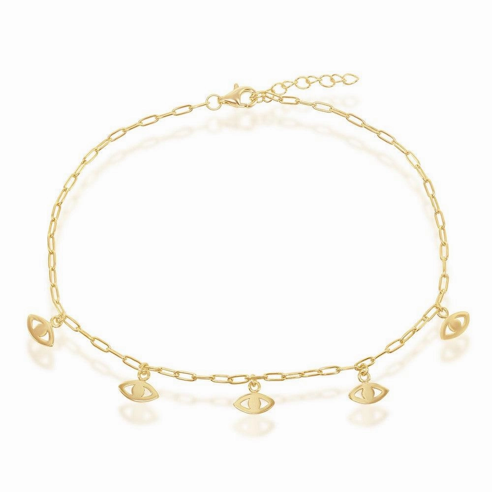 Sterling Silver Evil Eye Charms Paperclip Anklet - Gold Plated