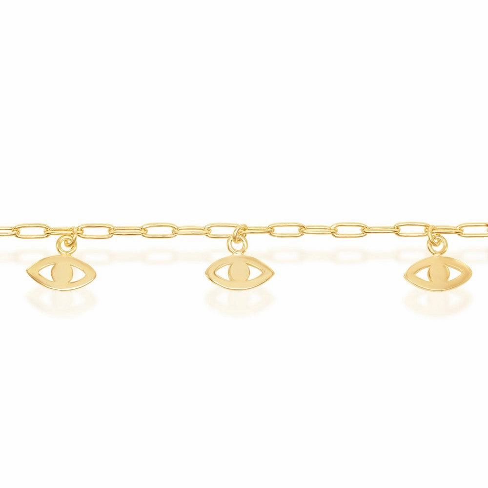 Sterling Silver Evil Eye Charms Paperclip Anklet - Gold Plated