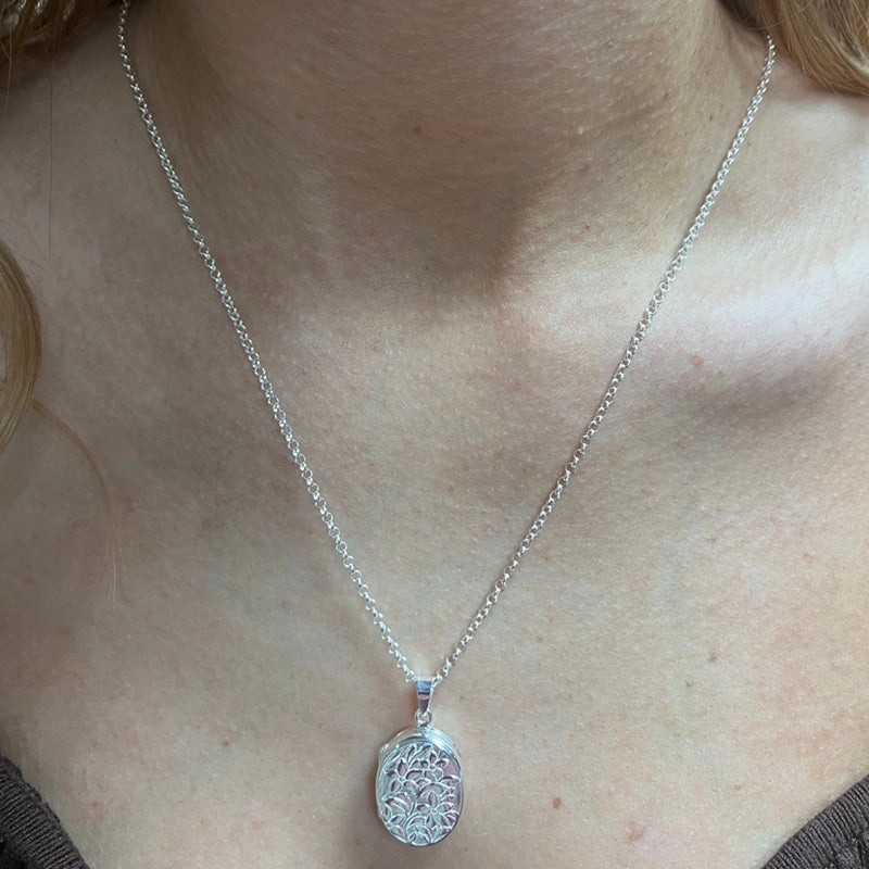 Sterling Silver Flowers Oval Locket and Chain