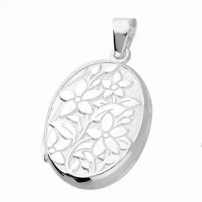 Sterling Silver Flowers Oval Locket and Chain