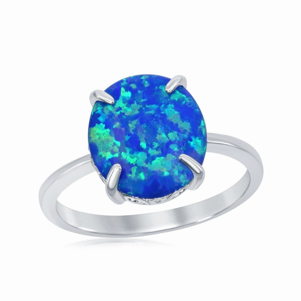 Sterling Silver Four-Prong Blue Inlay Opal Oval Ring - W-1830