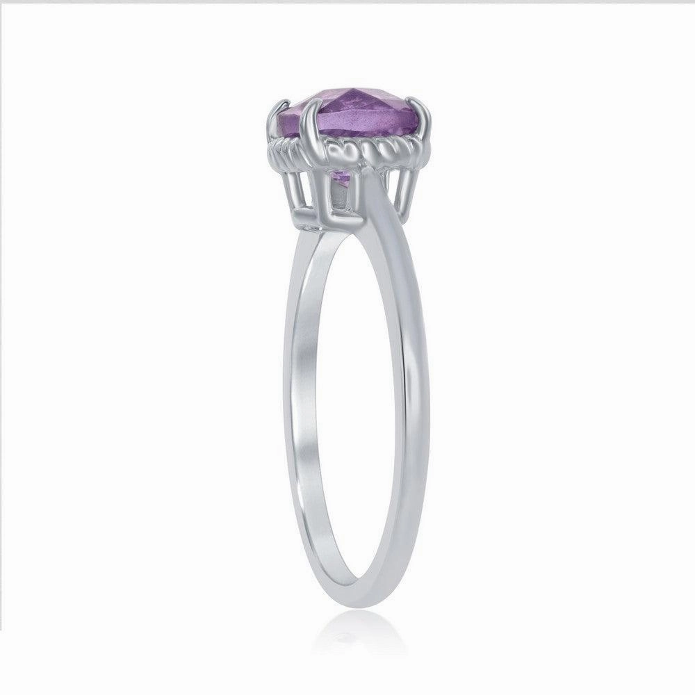 Sterling Silver Four-Prong Square Amethyst Rope Design Border Ring