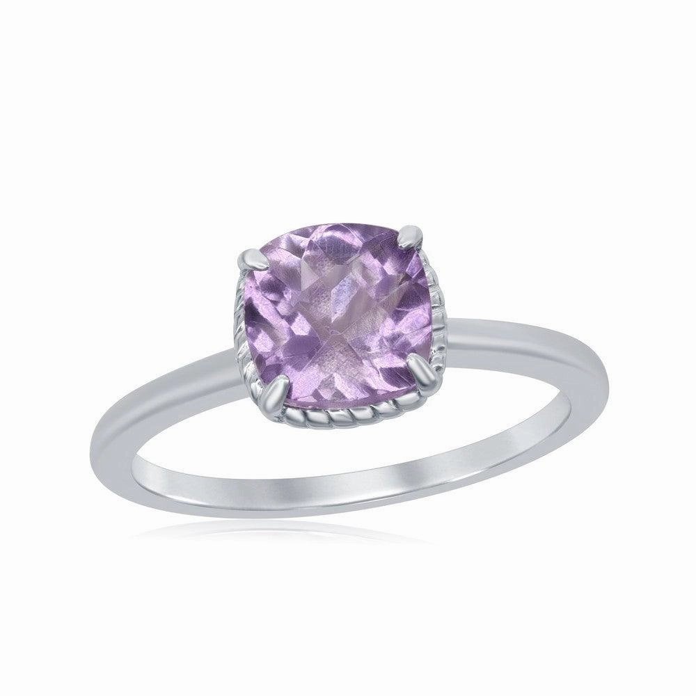 Sterling Silver Four-Prong Square Amethyst Rope Design Border Ring