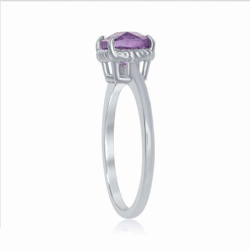 Sterling Silver Four-Prong Square Amethyst Rope Design Border Ring