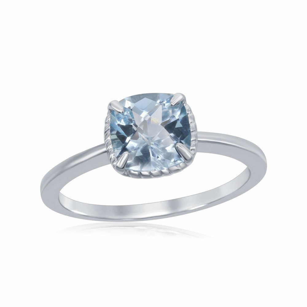 Sterling Silver Four-Prong Square Blue Topaz Rope Design Border Ring - W-1985