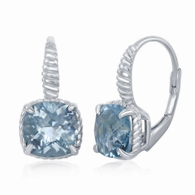 Sterling Silver Four-Prong Square Blue Topaz with Rope Design Border Earrings