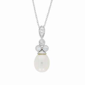 Sterling Silver Freshwater Pearl Cubic Zirconia Ladies Necklace