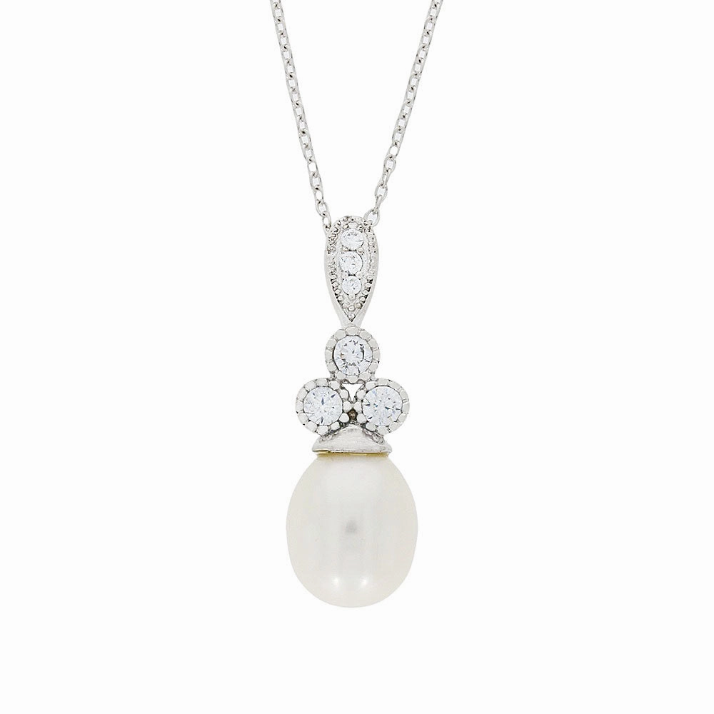 Sterling Silver Freshwater Pearl Cubic Zirconia Ladies Necklace