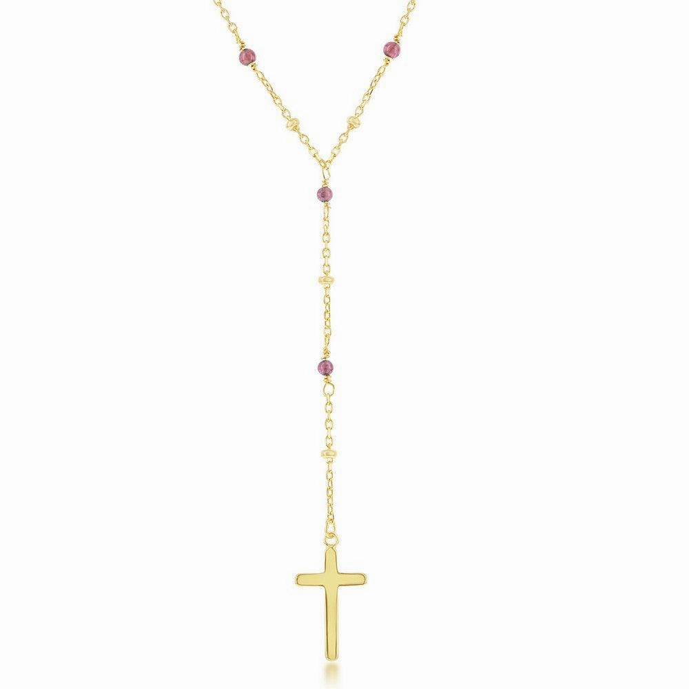 Sterling Silver Garnet & Plain Beads by the Yard Cross Rosary Necklace -Gold Plated