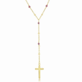 Sterling Silver Garnet & Plain Beads by the Yard Cross Rosary Necklace -Gold Plated