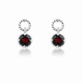 Sterling Silver Garnet Gemstone Twisted Wire Circle Earrings