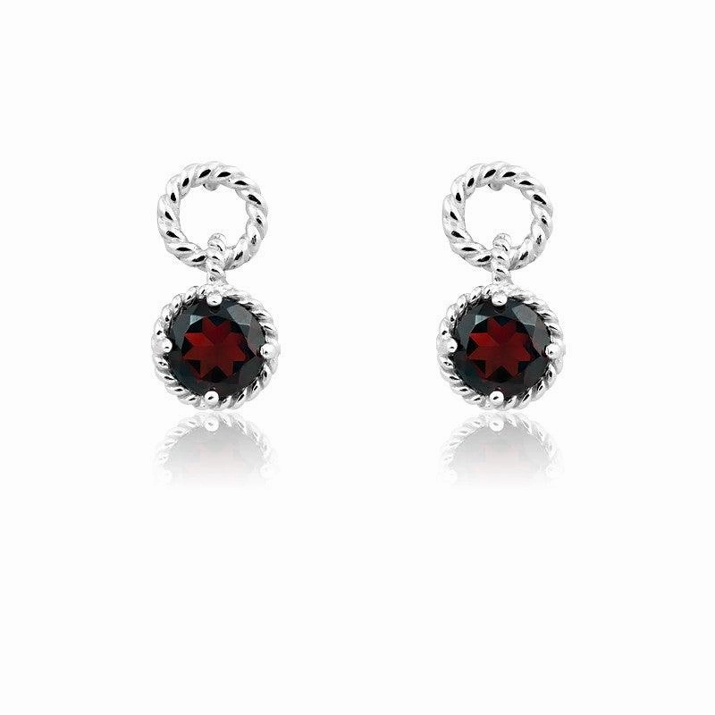 Sterling Silver Garnet Gemstone Twisted Wire Circle Earrings