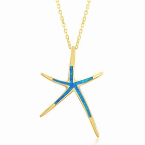 Sterling Silver Gold Blue Inlay Starfish Pendant